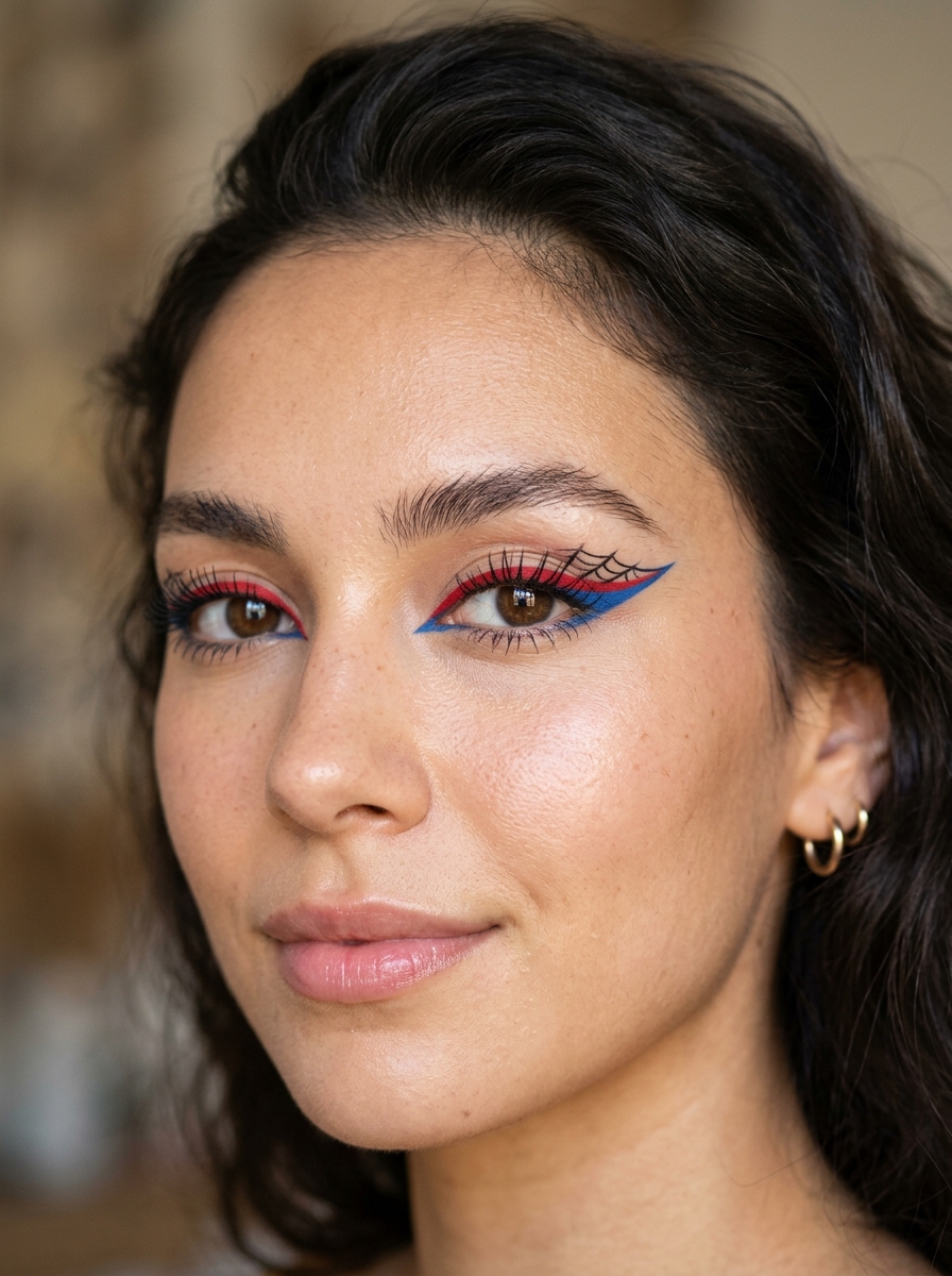Blue-and-Red Graphic Liner als Spiderman Makeup Inspiration 2026